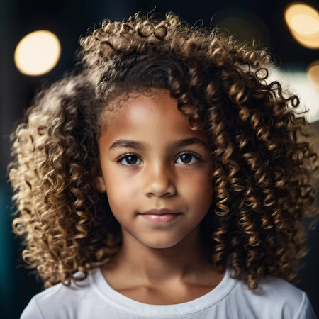 A young girl with stunning curly hair stands confidently, her thoughtful expression illuminated by warm, soft lights in a cozy environment, radiating charm and curiosity.の素材