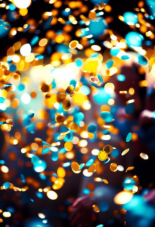 Bright confetti circles shimmer in a dreamy bokeh effect as laughter and cheers fill the air, capturing the essence of a festive evening gathering among friends.の素材