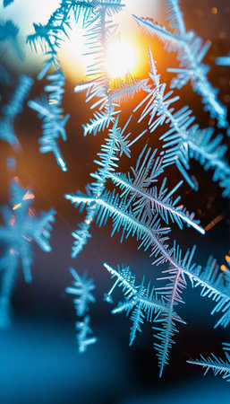 Delicate snowflakes form intricate frost patterns on the glass, capturing the first rays of warm sunlight on a chilly winter morning, creating a mesmerizing display of nature's art.の素材