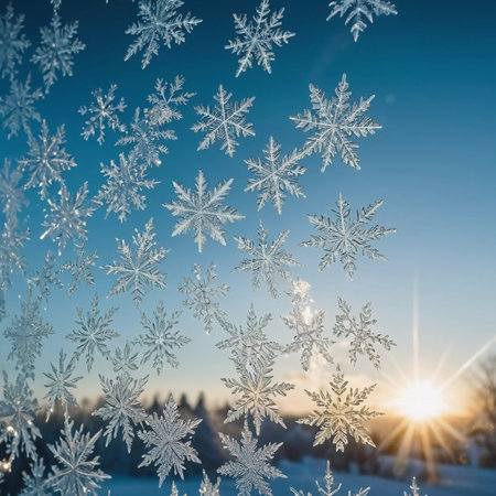 Snowflakes glisten on a frost-covered window, capturing the warm glow of the rising sun. The intricate patterns reflect winter's beauty against a serene background of trees.の素材