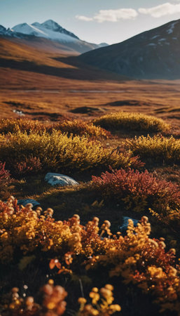 Golden grasses and crimson shrubs create a warm tapestry across the tundra as autumn envelops the landscape.の素材