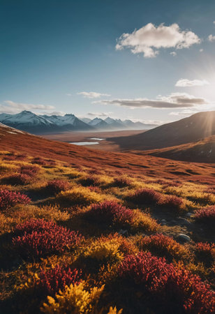 Golden sunlight bathes the autumn tundra, highlighting colorful flora and majestic mountains. A serene lake reflects the surrounding beauty, creating a peaceful, breathtaking panorama.の素材