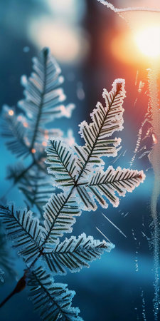 Delicate frost adorns the leaves, creating a shimmering display. As the morning sun breaks through, a magical winter ambiance envelops the tranquil environment.の素材