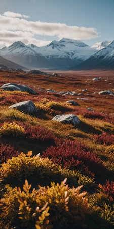 In the northern tundra, autumn splashes the ground with red, orange, and yellow, while majestic mountains loom in the distance, showcasing nature's beauty.の素材