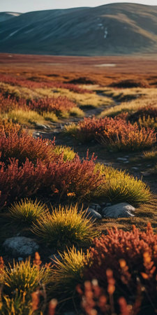 In the heart of autumn, the tundra comes alive with bright reds and yellows.の素材
