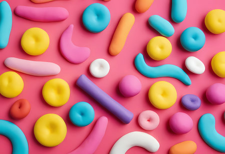 A delightful array of colorful shapes and forms scattered across a bright pink surface creates a playful atmosphere.の素材