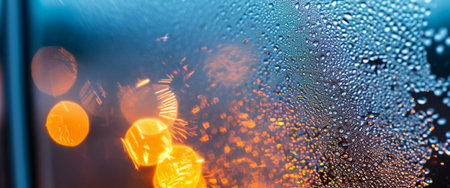 Delicate snowflake-like frost crystals form intricate patterns on the window glass, creating a beautiful contrast against the warm glow of distant lights on a chilly evening.の素材
