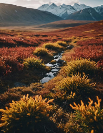 Vibrant autumn foliage blankets the tundra, with streams winding through the golden and crimson hues. Majestic mountains rise in the distance, enhancing nature's beauty.の素材