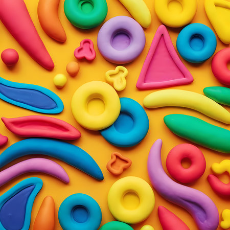 A delightful array of colorful modeling clay shapes sprawls across a bright yellow surface. Diverse forms like circles, triangles, and wavy lines invite creativity and joy.の素材