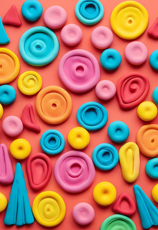Vibrant and playful modeling clay shapes burst with color on a warm, coral backdrop. Swirls, dots, and peaks intermingle, inviting creative exploration and artistic expression.の素材