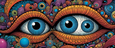 Two striking blue eyes gaze directly, enveloped by a mesmerizing array of intricate swirls and vivid colors. The artwork creates a dreamlike atmosphere of wonder and creativity.の素材