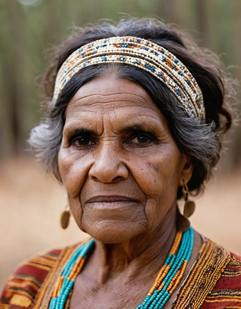 Against a backdrop of tall trees, an Aboriginal Australian woman wears traditional adornments, reflecting her rich cultural history and life experiences with grace and strength.の素材