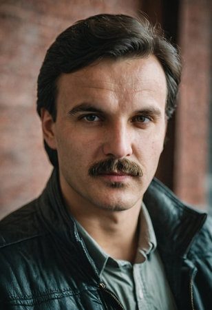 A Belarusian man stands with a confident expression, his mustache adding to his distinguished look. The urban background highlights his strong presence in a moment of reflection.の素材