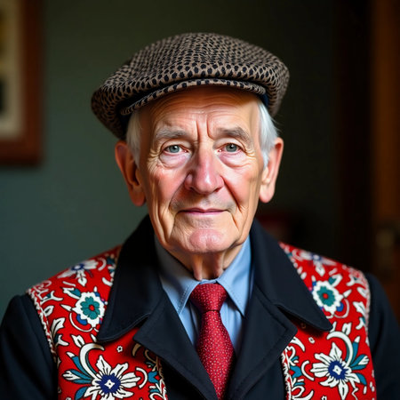 A skilled Belarusian man of advanced age presents a striking portrait, adorned in traditional attire, reflecting his cultural heritage.の素材