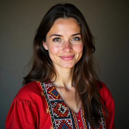 A Belarusian woman smiles warmly, showcasing her cultural heritage through vibrant traditional clothing. The rich embroidery adds charm to her radiant expression.の素材