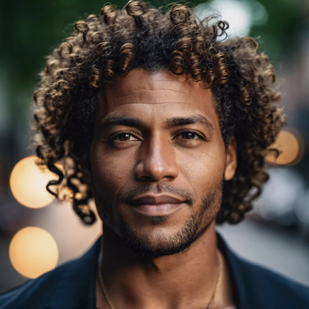 A fashionable individual with expressive eyes and tousled curls stands confidently in the urban environment, illuminated by warm, gentle light filtering through the trees.の素材