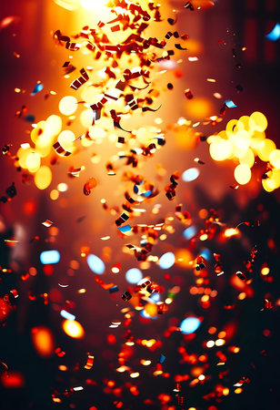 Sparkling confetti cascades through the air, creating a vibrant atmosphere filled with shimmering bokeh lights as friends gather in joyful celebration during a festive nighttime event.の素材
