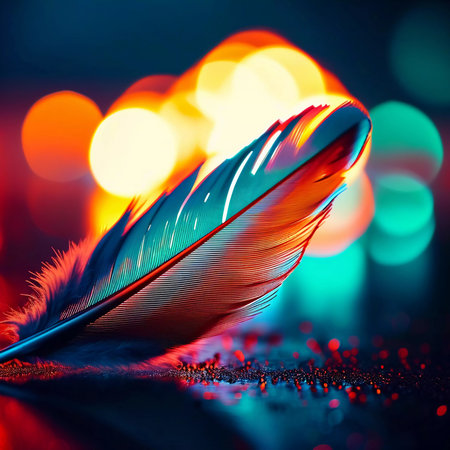 A delicate feather lies gracefully on the surface, its colors vibrant against a backdrop of mesmerizing bokeh lights.の素材