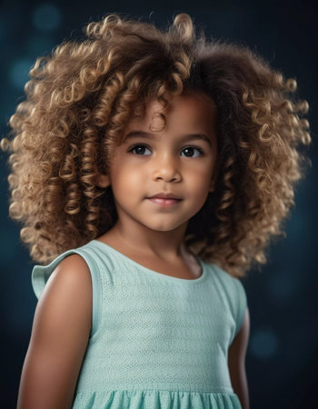 A delightful young girl with vibrant curly hair captures attention. Her striking gaze and soft smile add an enchanting touch to the magical ambiance surrounding her.の素材