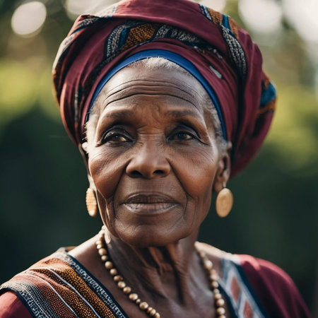 An elderly woman with graceful expressions and traditional attire stands against a lush garden backdrop.の素材