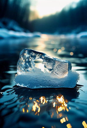 As the season transitions to spring, an ice drift floats serenely in the river, catching the warm sunlight and reflecting shimmering colors off the water's surface.の素材