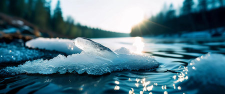 Clear waters cradle soft ice drifts as they glide peacefully down the river. Sunlight sparkles on the surface, signaling the arrival of spring's gentle touch in the wilderness.の素材