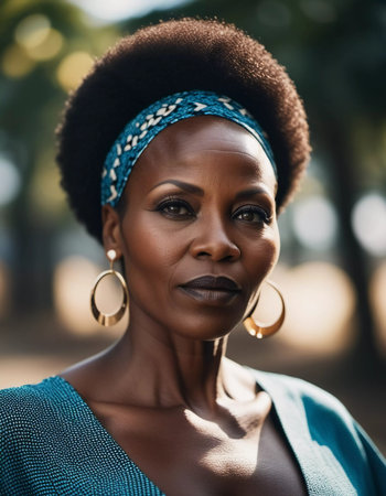 A confident woman stands gracefully in a serene outdoor locale, her natural curls adorned with a vibrant headband. Sunlight highlights her radiant features.の素材