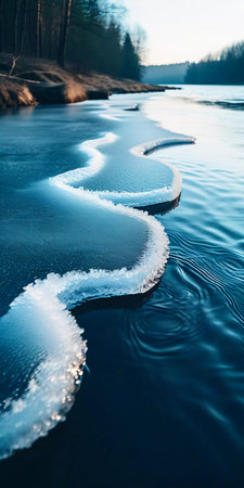 Delicate ribbons of ice drift along a serene river, reflecting soft morning light.の素材