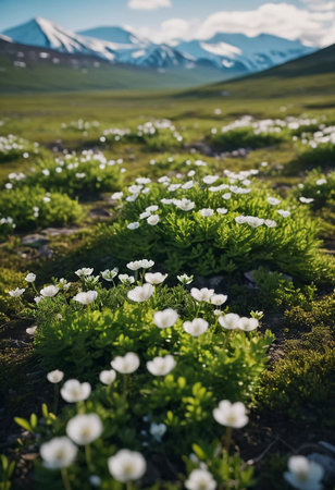 In spring's embrace, the tundra bursts with life as delicate white flowers scatter across lush greenery under the breathtaking mountain backdrop.の素材