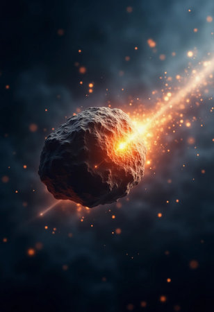 A massive asteroid speeds through the vastness of space, leaving behind a radiant glow as it breaks apart.の素材