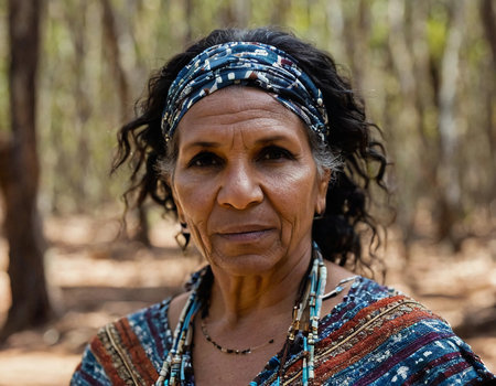 In a serene forest, a wise Aboriginal woman showcases her cultural identity.の素材
