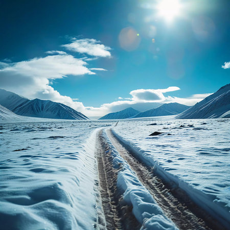 Cold, crisp air fills the expansive tundra as soft snow blankets the ground. A winding trail cuts through the landscape, leading toward distant mountains under a radiant sun.の素材