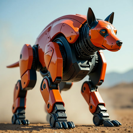 A vibrant robotic dog, designed with sleek orange plating and advanced mechanics, roams a sunlit desert environment, showcasing innovation and adventure.の素材