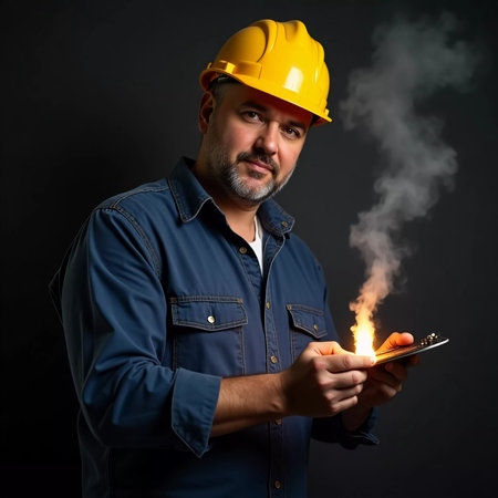 An electrician in a hard hat conducts a sparking experiment, showcasing creativity and safety in technology amidst the surrounding darkness.の素材