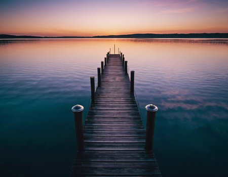 Dramatic hues of dawn reflect on smooth water, as a wooden dock stretches into the distance. Nature awakens in a tranquil embrace, inviting peace and contemplation.の素材