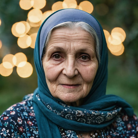 A captivating portrait showcases a wise elderly woman dressed in traditional Chechen attire.の素材