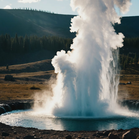 A powerful geyser shoots up a towering plume of steam and water into the air, surrounded by lush greenery and distant mountains, capturing a magical moment in nature's beauty.の素材