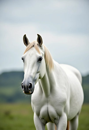 With its striking white coat shimmering softly, a graceful horse stands in a vibrant green field surrounded by gentle hills, embodying tranquility and elegance as dusk approaches.の素材