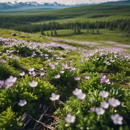 Colorful flowers carpet the tundra, transforming the landscape into a breathtaking vista. In the background, majestic mountains rise against a clear blue sky, embodying nature beauty.の素材