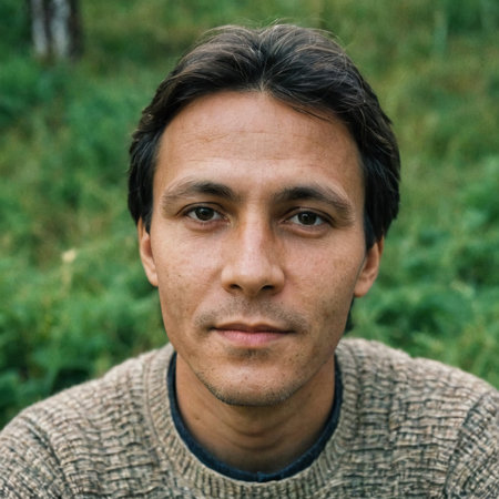 A man sits peacefully in a vibrant forest, his expression reflecting a mix of contemplation and calm. The soft light of twilight envelops him as he connects with nature. Realtor or gamekeeperの素材