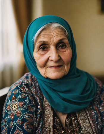 An elderly woman from Chechnya, dressed in a vibrant traditional costume, displays a warm smile. Her headscarf and intricate clothing reflect the rich cultural heritage of her homeland.の素材