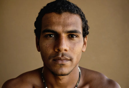 A young Aboriginal Australian man gazes intently, his expression reflecting a deep connection to culture and heritage.の素材