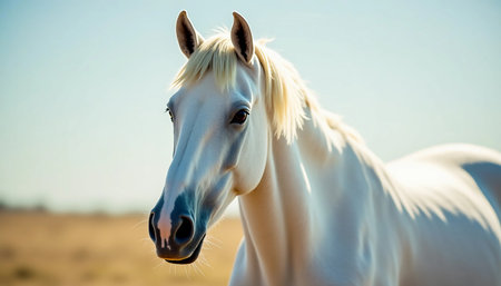 A majestic white horse stands proudly, its mane glistening in the sunlight, surrounded by vast meadows as the sun sets in the distance, painting the sky in soft hues.の素材