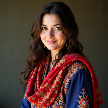 In a warm atmosphere, a young Chechen woman smiles gracefully, adorned in vibrant traditional attire marked by beautiful embroidery and patterns. The colors reflect cultural heritage.の素材