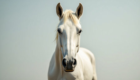 A beautiful white horse stands still, its gaze fixed ahead, embodying grace and strength against the backdrop of a serene sky, showcasing a peaceful moment in nature.の素材
