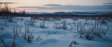 Vast stretches of pure white snow blanket the tundra, while resilient shrubs peek through.の素材