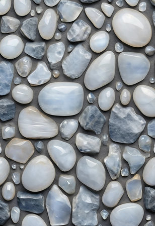 A captivating collection of polished moonstone pebbles, each displaying beautiful textures and hues.の素材