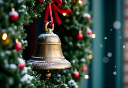 A charming front door adorned with a winter wreath featuring a golden bell, red ornaments, and a dusting of snow, capturing the essence of Christmas celebrations.の素材