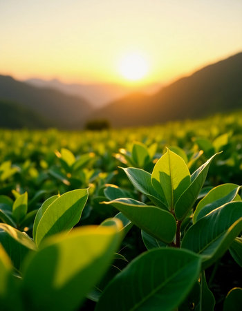 Golden sunlight cascades across rolling hills as fresh tea leaves glitter in the early morning light, framing a breathtaking landscape of cultivation.の素材