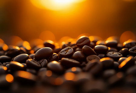 Freshly roasted coffee beans shine in the sunset, creating a captivating atmosphere that celebrates the rich aroma and flavor of coffee culture outdoors.の素材